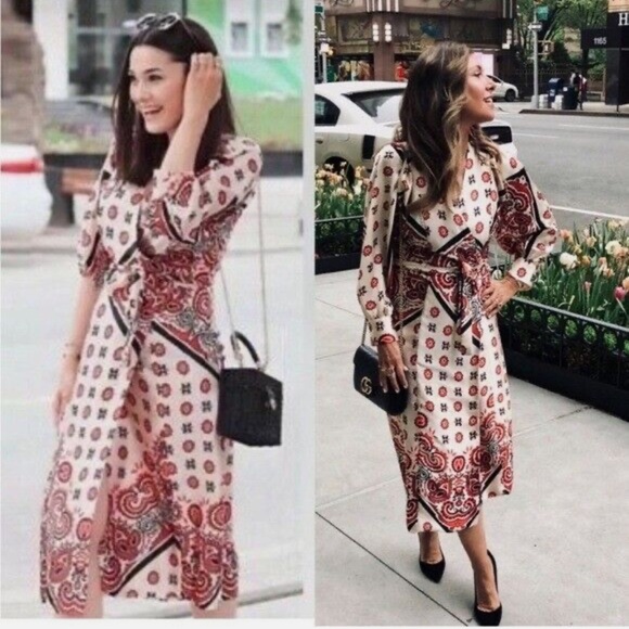 Zara Satin Elegant Red and White Patterned Dress - Picture 7 of 7